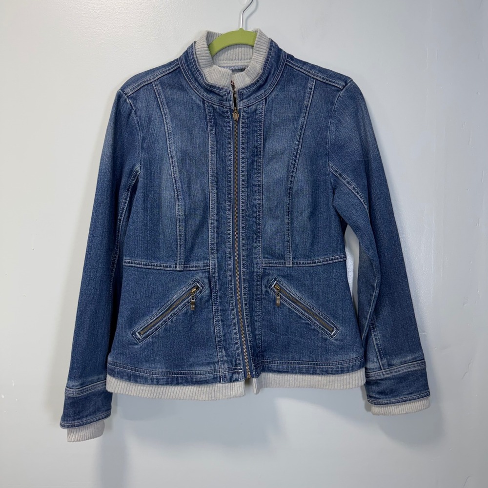 AMX Y2K Denim Jacket Ribbed Knit Trim Blue Petite Small 550052P
